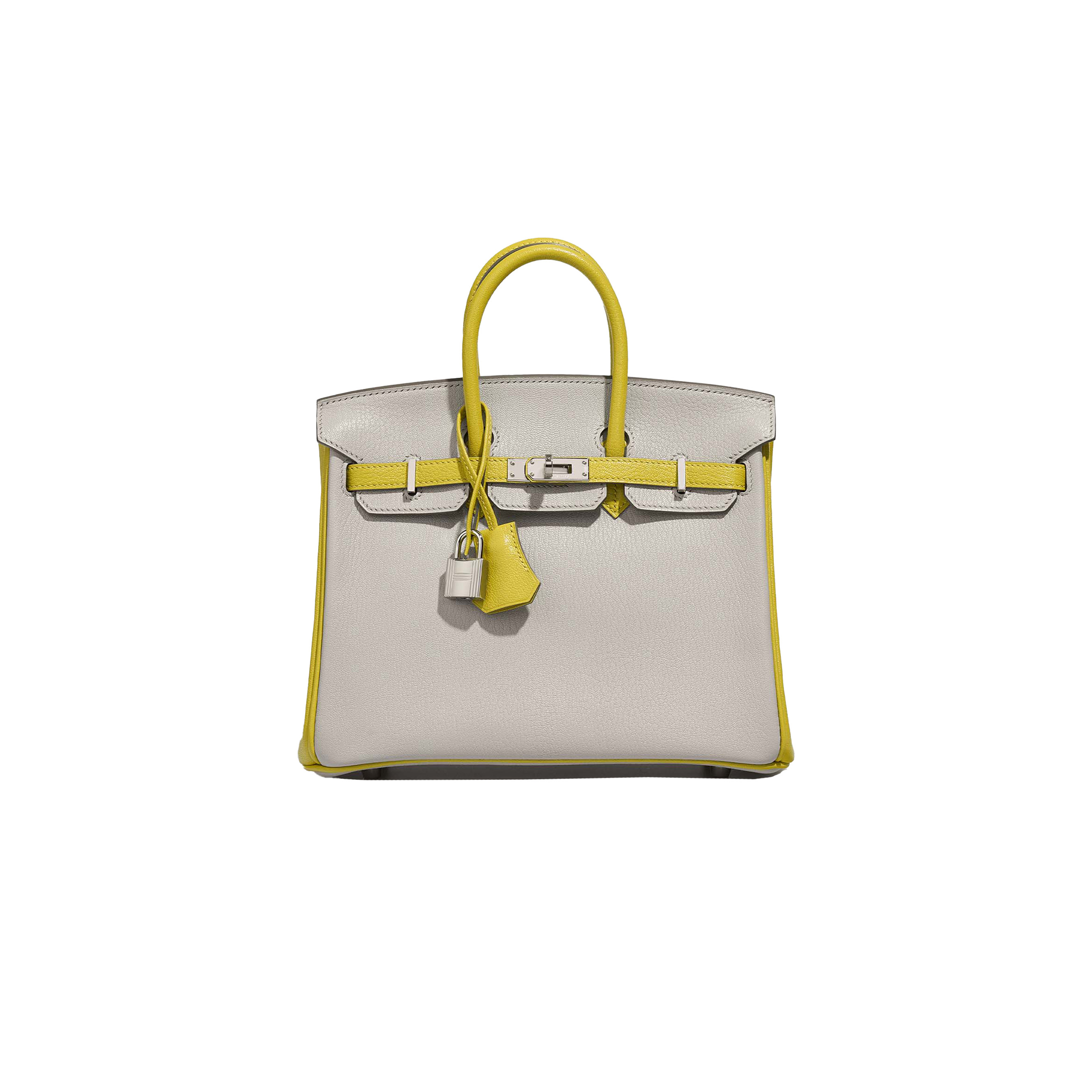 HERMÈS BIRKIN 25 SWIFT LEATHER PEARL GREY LEMON YELLOW SILVER BUCKLE BAG 3237 (25*20*13cm)